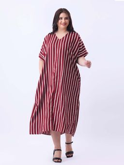 Qurvii - Maroon Stripe Loose Fit Dress with Front Slit