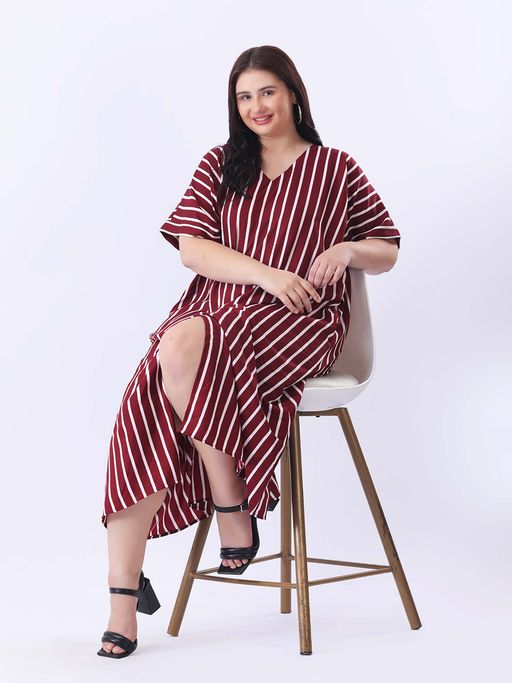 Buy Qurvii Maroon Stripe Loose Fit Dress with Front Slit (XXS) Online
