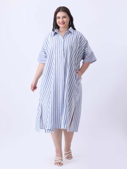 Qurvii - Blue Stripe Linen Oversize Dress