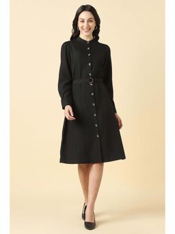 Allen Solly - Black Polyester Solid Shirt Dress with Belt