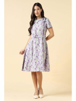 Allen Solly - Purple Polyester Printed Dress with Belt