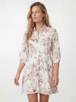 R&B - Women Off White Floral Printed Shirt Collar Dress