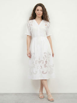 R&B - Women White Cotton Embroidered Dress