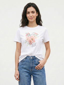 R&B - Women White Floral Printed Short Sleeves T-shirt