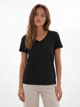 R&B - Women Classic Black Solid Half Sleeve Regular Fit T-shirt