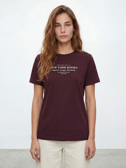 R&B - Women Burgundy Typography Half Sleeve Regular Fit T-shirt