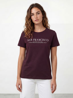 R&B - Women Burgundy Typography Half Sleeve Regular Fit T-shirt