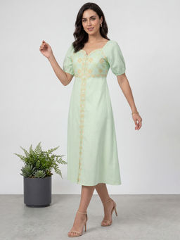 R&B - Women Green Blended Embroidered Dress