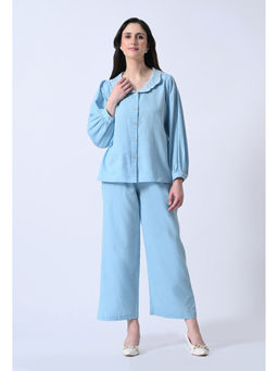 ALL WAYS YOU - Women Blue Peter Pan Collar Embroidered Cotton Co-Ord Set