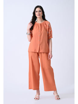 ALL WAYS YOU - Women Orange Embroidered Cotton Co-Ord Set