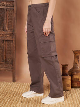 CHARMGAL - Women Dark Brown Cotton Solid Cargo Pocket Trouser