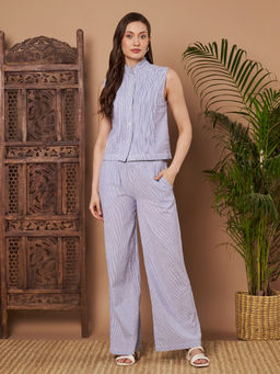 CHARMGAL - Women Blue Stripes Cotton Co-Ord Set