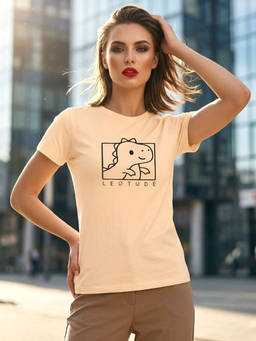 LEOTUDE - Women Beige Regular Fit Polyester Printed T-shirt