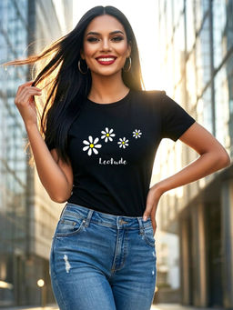 LEOTUDE - Women Black Regular Fit Polyester Floral Printed T-shirt