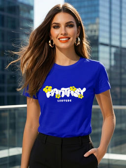 LEOTUDE - Women Blue Regular Fit Polyester Text Printed T-shirt