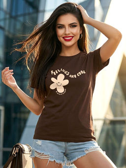 LEOTUDE - Women Brown Regular Fit Polyester Floral Printed T-shirt