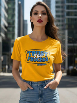 LEOTUDE - Women Mustard Polyester Typography Printed T-shirt