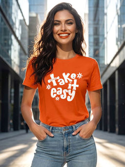 LEOTUDE - Women Orange Polyester Typography Printed T-shirt