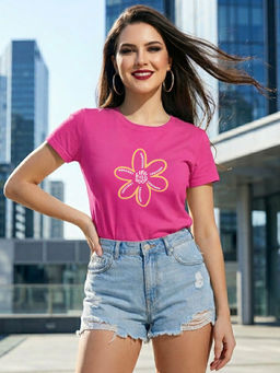 LEOTUDE - Women Pink Regular Fit Polyester Floral Printed T-shirt