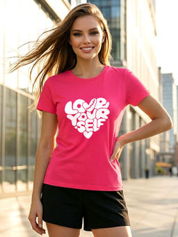 LEOTUDE - Women Pink Regular Fit Polyester Typography Printed T-shirt