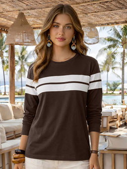 LEOTUDE - Women Brown Stripes Cotton Blend T-shirt