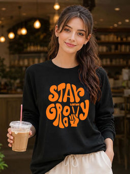 LEOTUDE - Women Black Cotton Blend Typography Sweatshirt