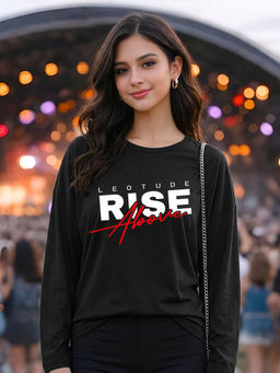 LEOTUDE - Women Black Cotton Blend Typography T-shirt
