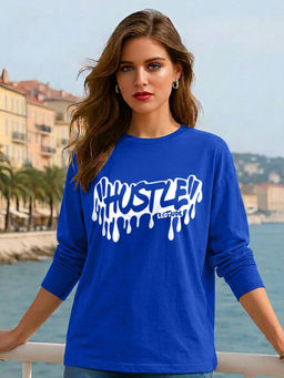 LEOTUDE - Women Blue Cotton Blend Typography T-shirt