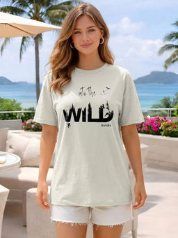 LEOTUDE - Women Grey Typography Cotton Blend T-shirt