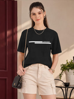 LEOTUDE - Women Black Half Sleeves Cotton Blend T-shirt