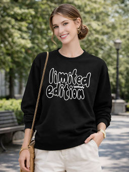 LEOTUDE - Women Black Typography Cotton Blend Sweatshirt
