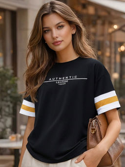 LEOTUDE - Women Black Stripes Cotton Blend T-shirt