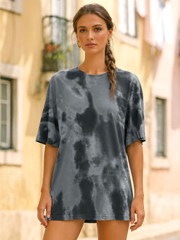 LEOTUDE - Women Grey Tie and Dye Oversized T-shirt