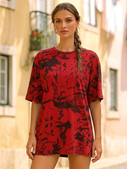 LEOTUDE - Women Red Tie and Dye Oversized T-shirt