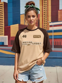 LEOTUDE - Women Beige-Brown Colorblock Oversized T-shirt