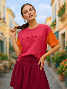 LEOTUDE - Women Pink Colorblock Oversized T-shirt