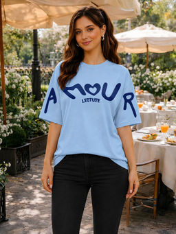 LEOTUDE - Women Blue Text Printed Oversized T-shirt