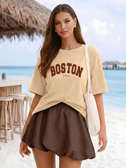 LEOTUDE - Women Beige Text Printed Oversized T-shirt
