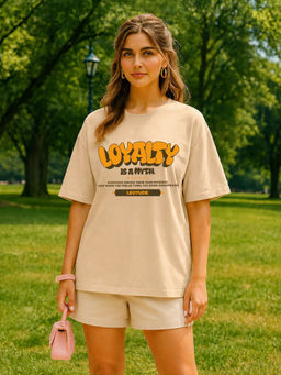LEOTUDE - Women Beige Text Printed Oversized T-shirt