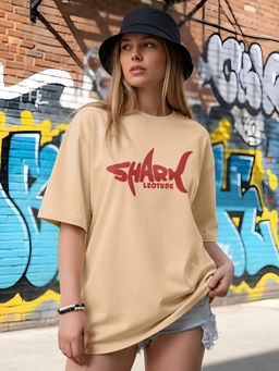 LEOTUDE - Women Beige Text Printed Oversized T-shirt
