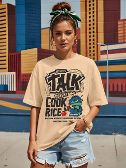 LEOTUDE - Women Beige Text Printed Oversized T-shirt