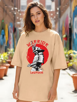 LEOTUDE - Women Beige Text Printed Oversized T-shirt