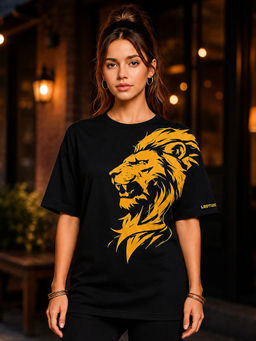 LEOTUDE - Women Black Graphic Printed Oversized T-shirt