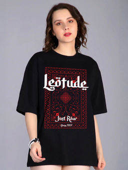 LEOTUDE - Women Black Printed Oversized T-shirt