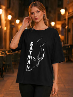 LEOTUDE - Women Black Graphic Printed Oversized T-shirt