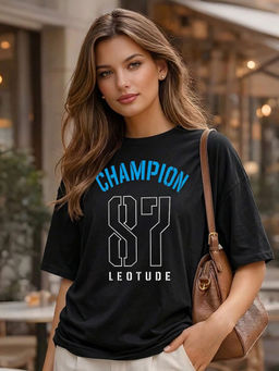 LEOTUDE - Women Black Typography Printed Oversized T-shirt
