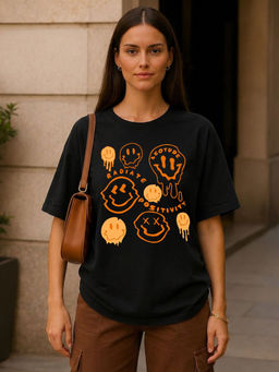 LEOTUDE - Women Black Graphic Printed Oversized T-shirt