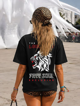 LEOTUDE - Women Black Graphic Printed Oversized T-shirt