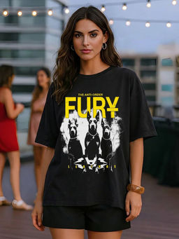 LEOTUDE - Women Black Graphic Printed Oversized T-shirt