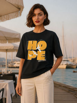 LEOTUDE - Women Black Typography Printed Oversized T-shirt